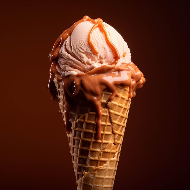 Chocolate ice cream in waffle cone on rustic wooden background