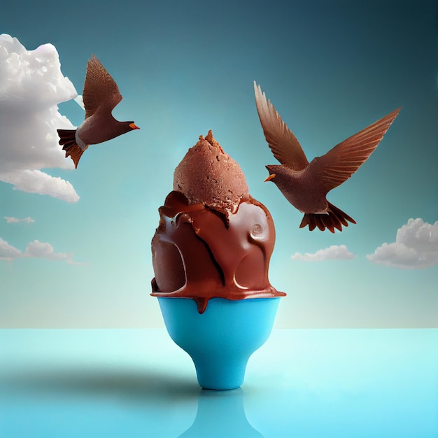 Chocolate ice cream in a waffle cone with birds flying and splashes sweet food in the summer