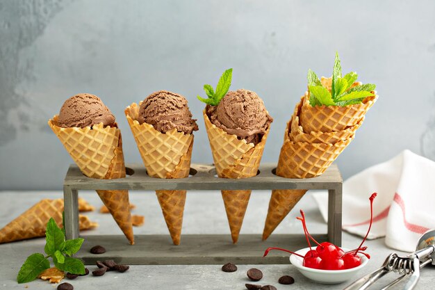 Chocolate ice cream in waffle cones