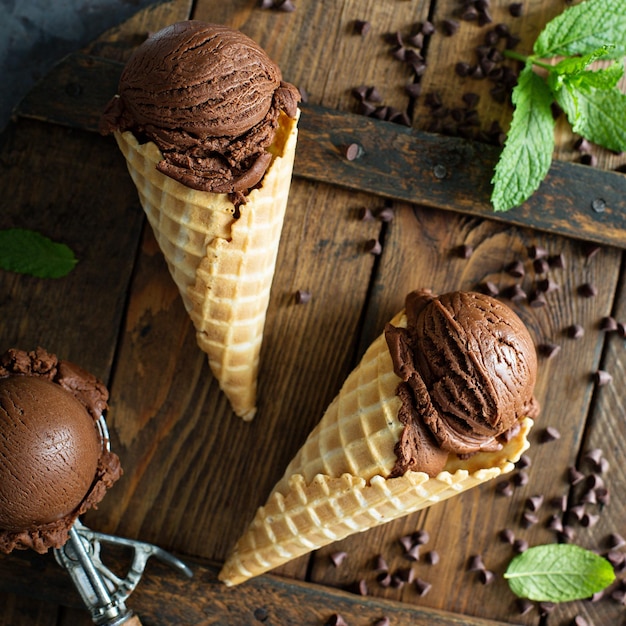 Chocolate ice cream in waffle cones