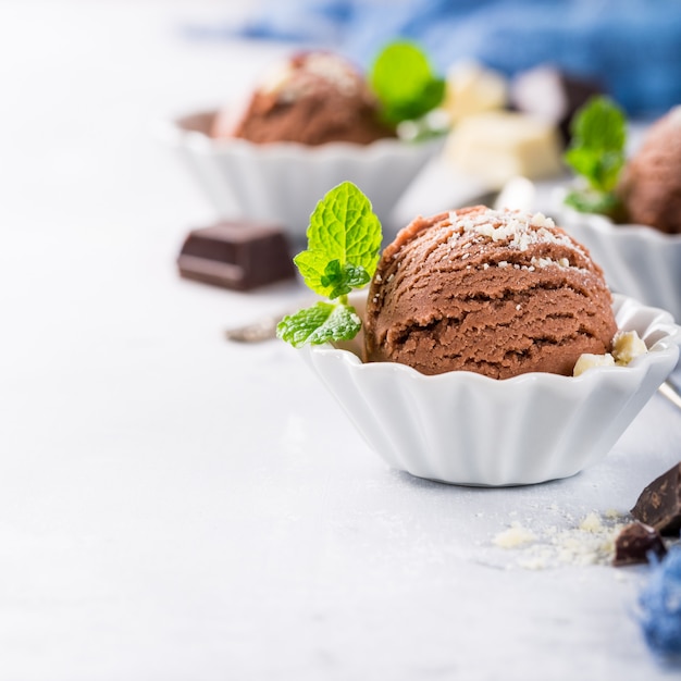 Chocolate ice cream in white bowl.