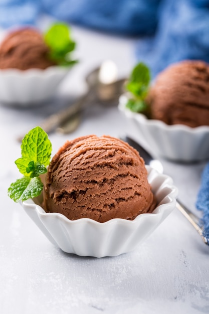 Chocolate ice cream in white bowl.