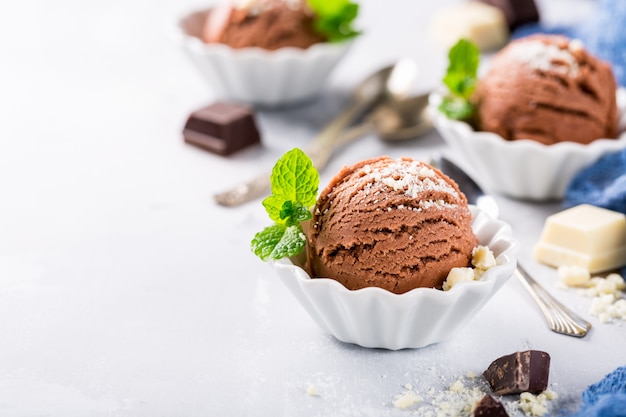 Chocolate ice cream in white bowl.