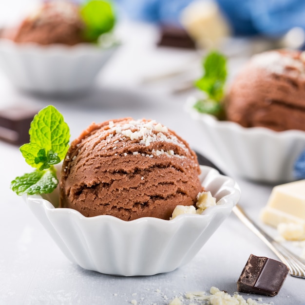 Chocolate ice cream in white bowl.