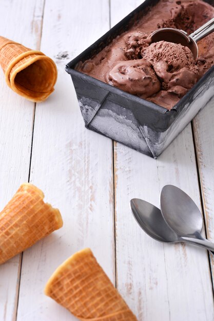 Chocolate ice cream on a white wooden table