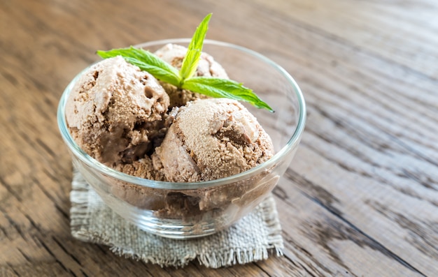 Chocolate ice cream with dessert topping