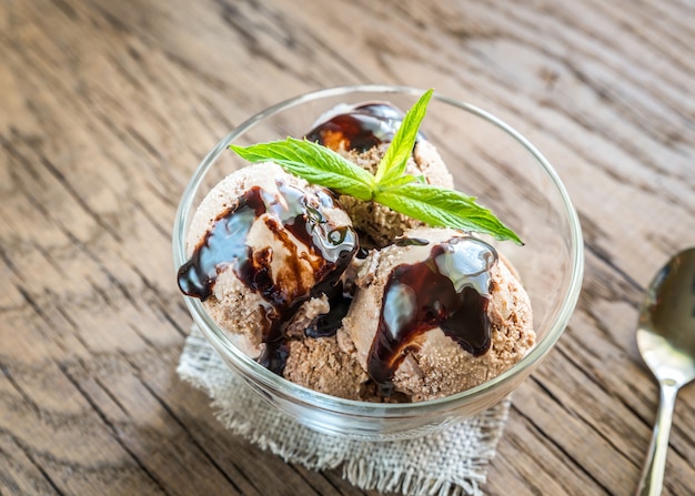 Chocolate ice cream with dessert topping