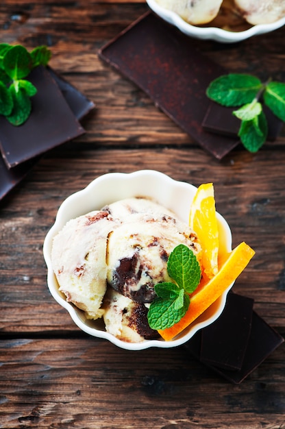 Chocolate Ice cream with orange and mint