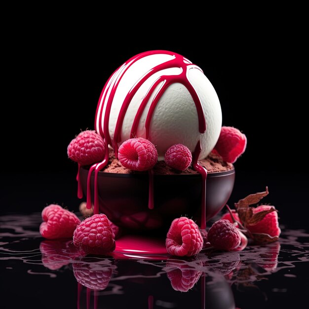 Photo a chocolate ice cream with raspberries and chocolate on top