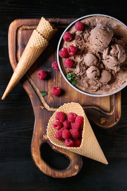 Chocolate ice cream with raspberries