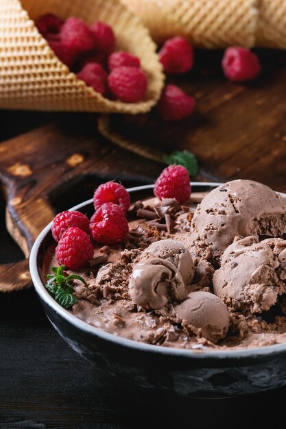 Chocolate ice cream with raspberries