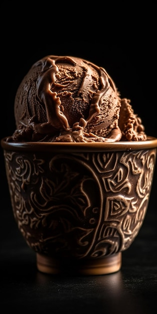 A chocolate ice cream with a swirl design on the top