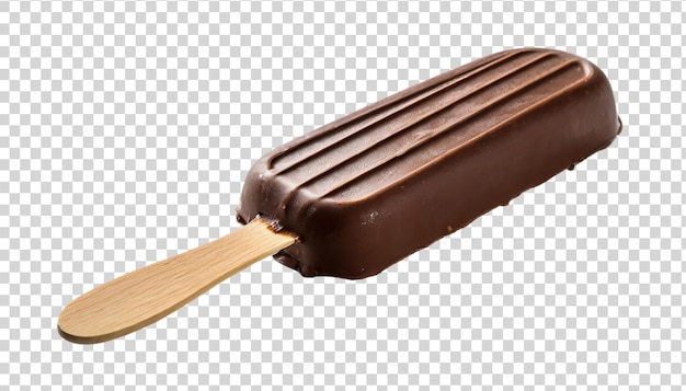 Chocolate ice cream with wooden spatula isolated on transparent background