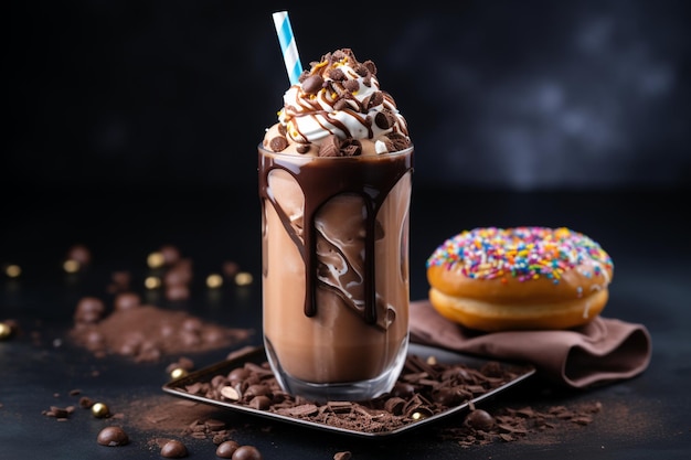 Photo chocolate indulgent frosting exreme milkshake with donut and sweets crazy freakshake food trend copy