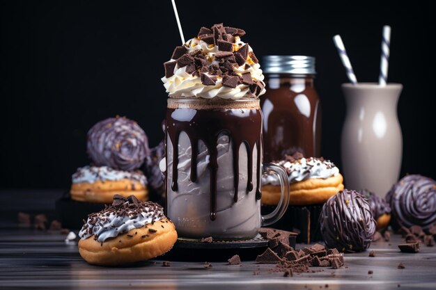 Photo chocolate indulgent frosting exreme milkshake with donut and sweets crazy freakshake food trend copy