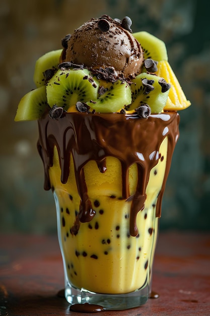 Chocolate and kiwi and ice cream topping