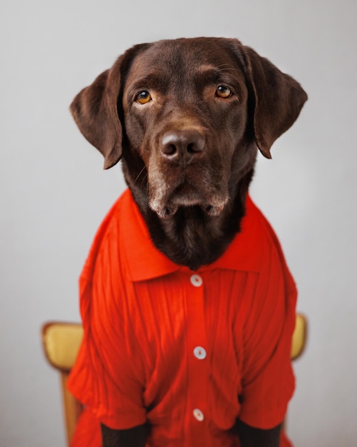 Chocolate labrador in a red shirt on a gray background sits on a chair like a man and looks into