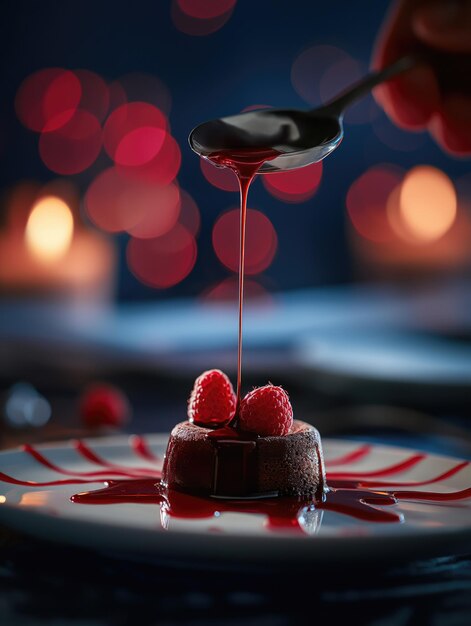 Foto torta di lava al cioccolato spruzzata di salsa di lamponi