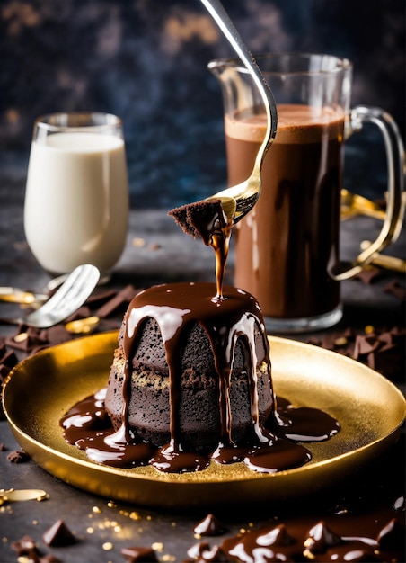 Chocolate Lava Cake it that has chocolate ganache liquid chocolate pouring out when sliced open on a