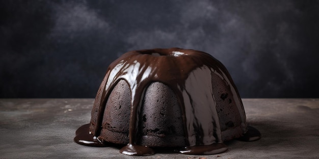 A chocolate lava cake with chocolate sauce and a dark background