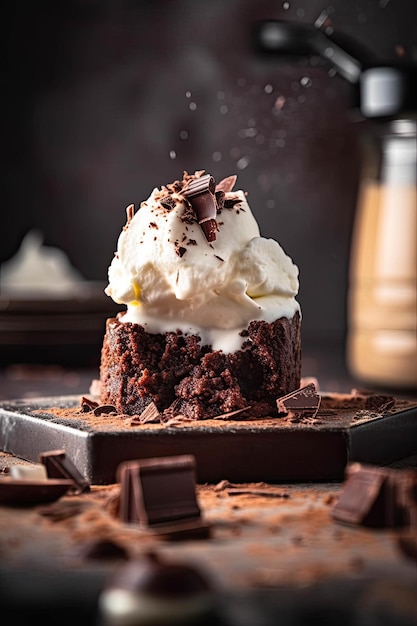 A chocolate lava cake with whipped cream and chocolate shavings.