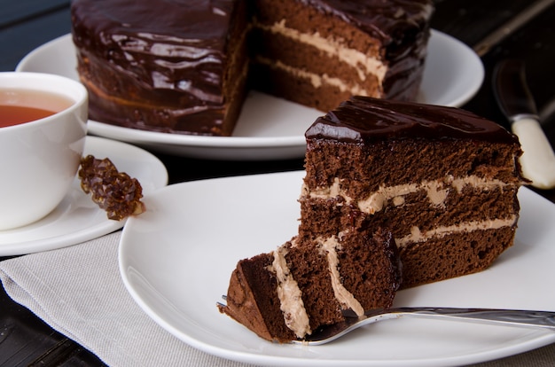 Chocolate layer cake with butter cream. 