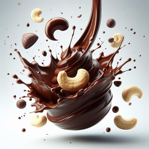 Photo chocolate liquid splash with cashew nuts