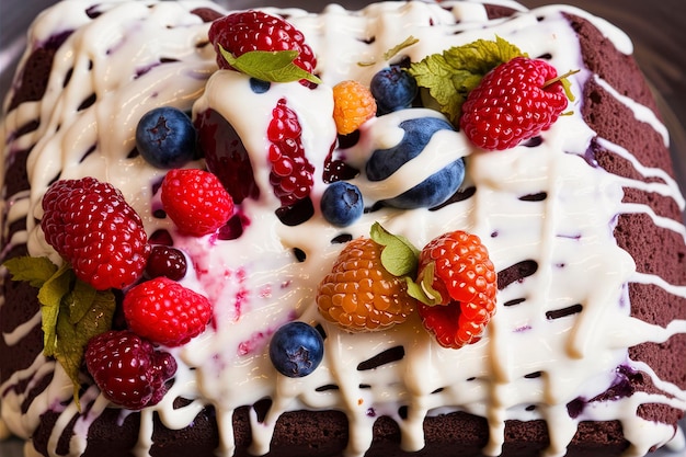 Chocolate loaf cake with thick yogurt glaze and fresh berries