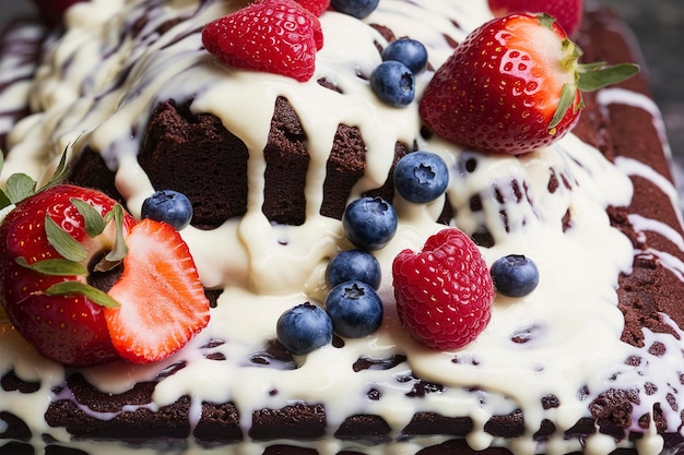 Chocolate loaf cake with thick yogurt glaze and fresh berries