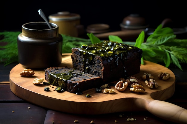 Chocolate loaf cake with walnuts and prunes on the table with green tea