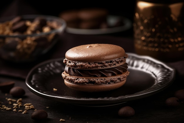 A chocolate macaroon sandwich sits on a plate with other desserts.