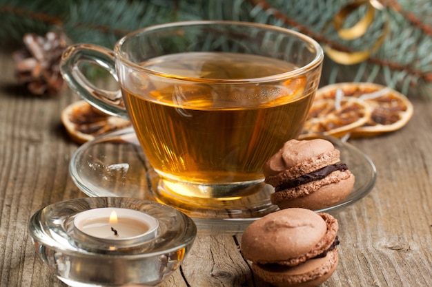 Chocolate macaroons and cup of tea