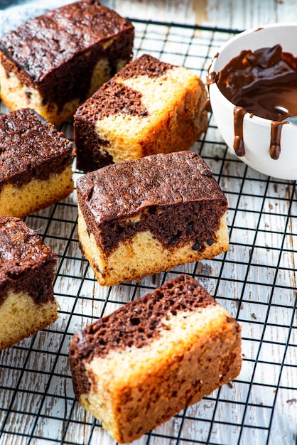 Chocolate marble cake Slices on tray and wooden table