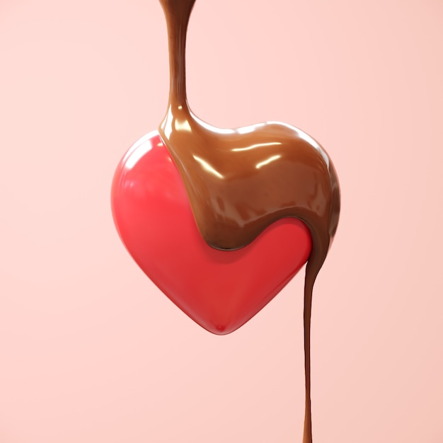 Chocolate melt drop on Red Heart shape on pink background 3D Render Minimal Creative Idea