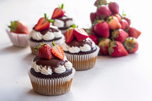 Chocolate meringue cupcakes with chocolate glaze and strawberries