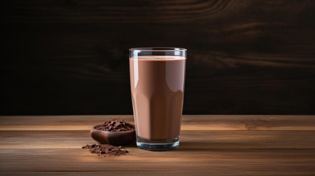 Chocolate milk in a glass on a wooden table