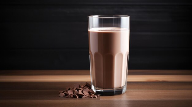 Chocolate milk in a glass on a wooden table