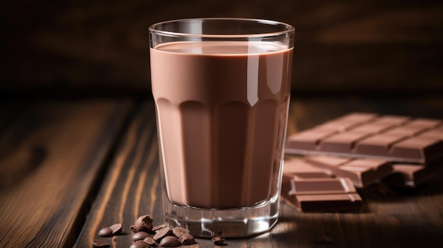 Chocolate milk in a glass on a wooden table