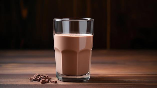 Chocolate milk in a glass on a wooden table