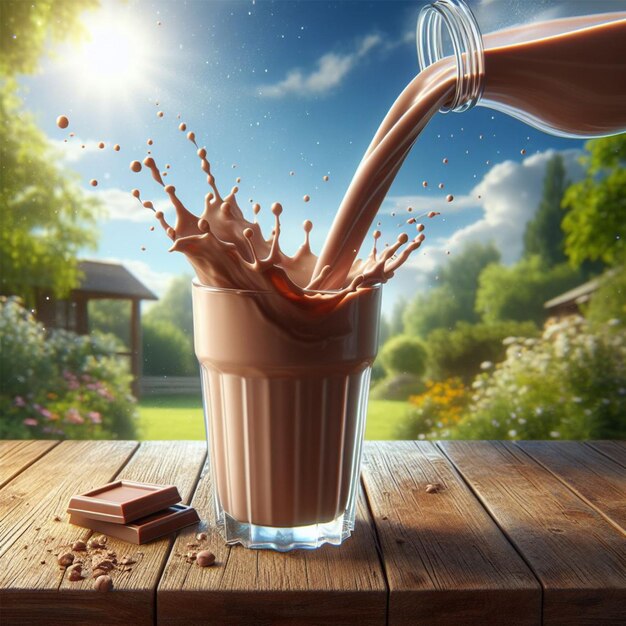 Photo chocolate milk is poured into glass