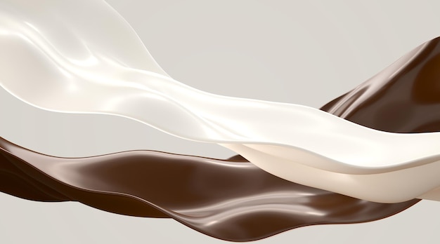 Шоколадные и молочные брызги, жидкое какао и сливки, кофейный йогурт или молочный напиток, летящие белыми и коричневыми лентами или волнами в движении на абстрактном фоне