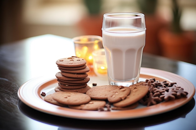 Photo chocolate milk with cookies on a plate snack time setting