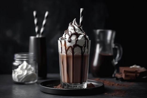 Шоколадный молочный коктейль в стеклянном стакане с карамельной глазурью и взбитыми сливками на темном фоне