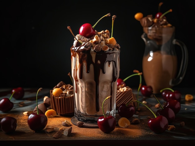 A chocolate milkshake with a chocolate cherry on the top