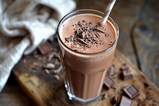 Foto milkshake al cioccolato con trucioli di legno