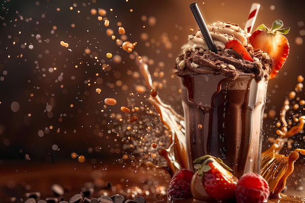 Photo a chocolate milkshake with strawberries and chocolate syrup is being poured into it with chocolate