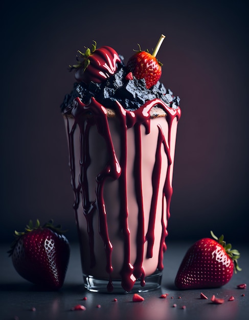 A chocolate milkshake with strawberries on top and three other strawberries on the bottom.