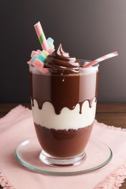 A chocolate milkshake with straws and chocolate shavings.
