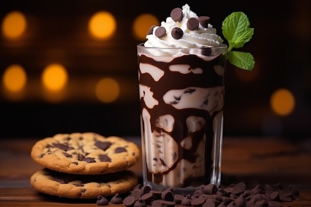 Шоколадный молочный коктейль с битым сливом и печенье на столе в вертикальном кафе