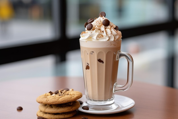 Chocolate milkshake with whipped cream and cookies on a table in a cafe vertical